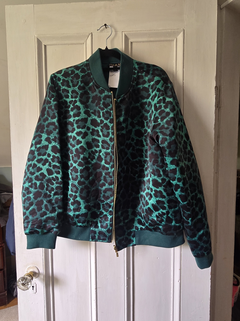 IMAN Reversable Emerald and Black Leopard Print Bomber Jacket
